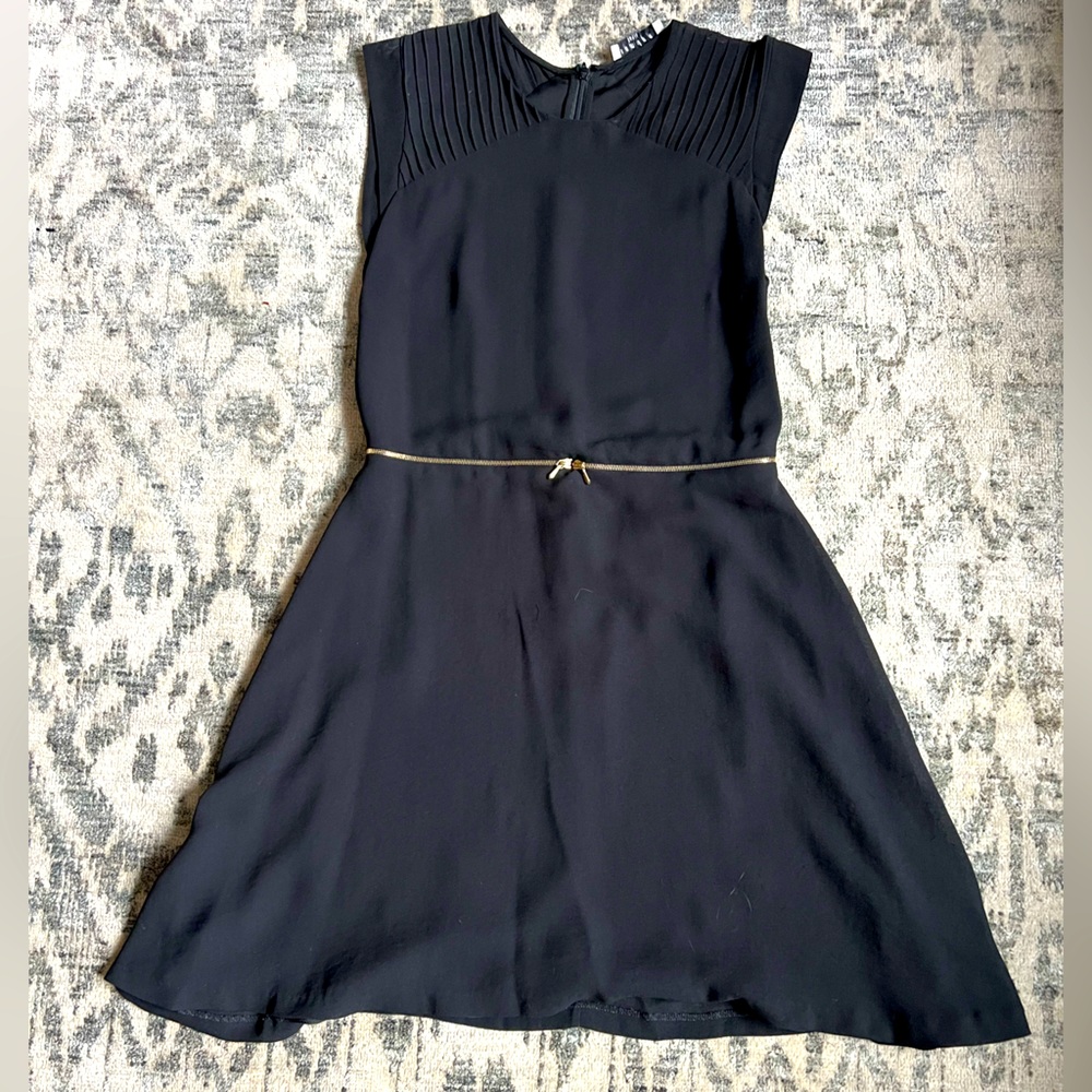 Sandro, dark blue dress, gold zip detail around waist